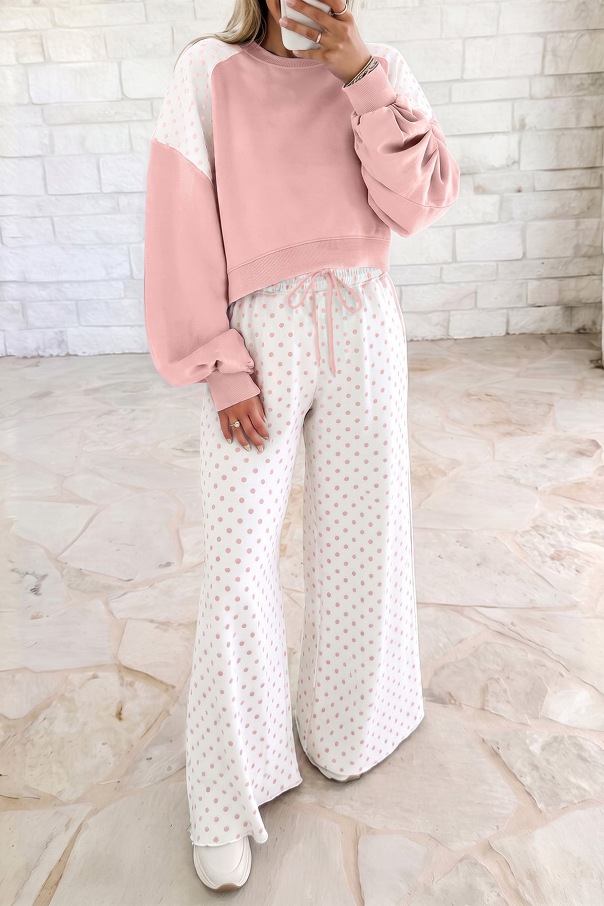 Green Polka Dot Patchwork Colorblock Long Sleeve Casual Two Piece Pants Set