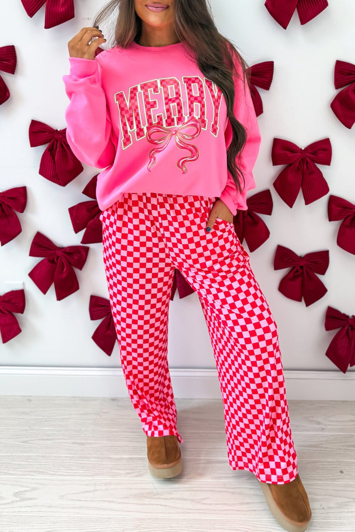 Christmas Slogan Graphic Plaid Two-piece Pant Set