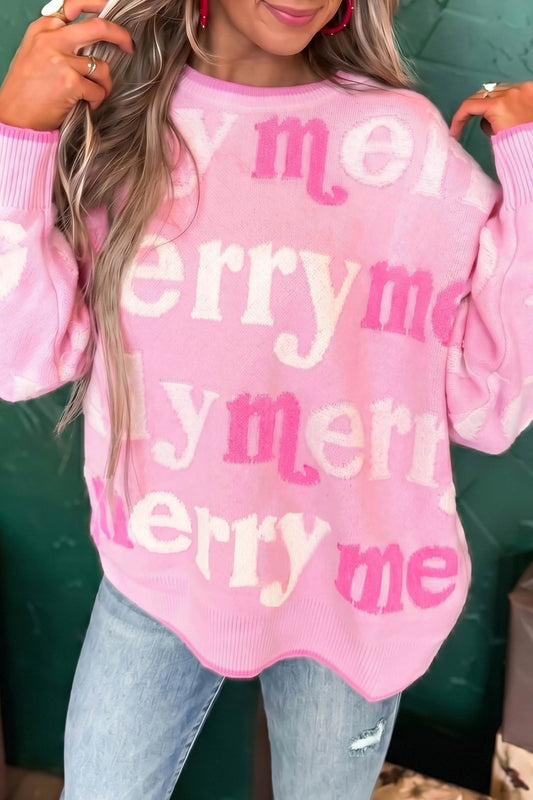 Pink Merry Me Graphic Round Neck Knit Sweater
