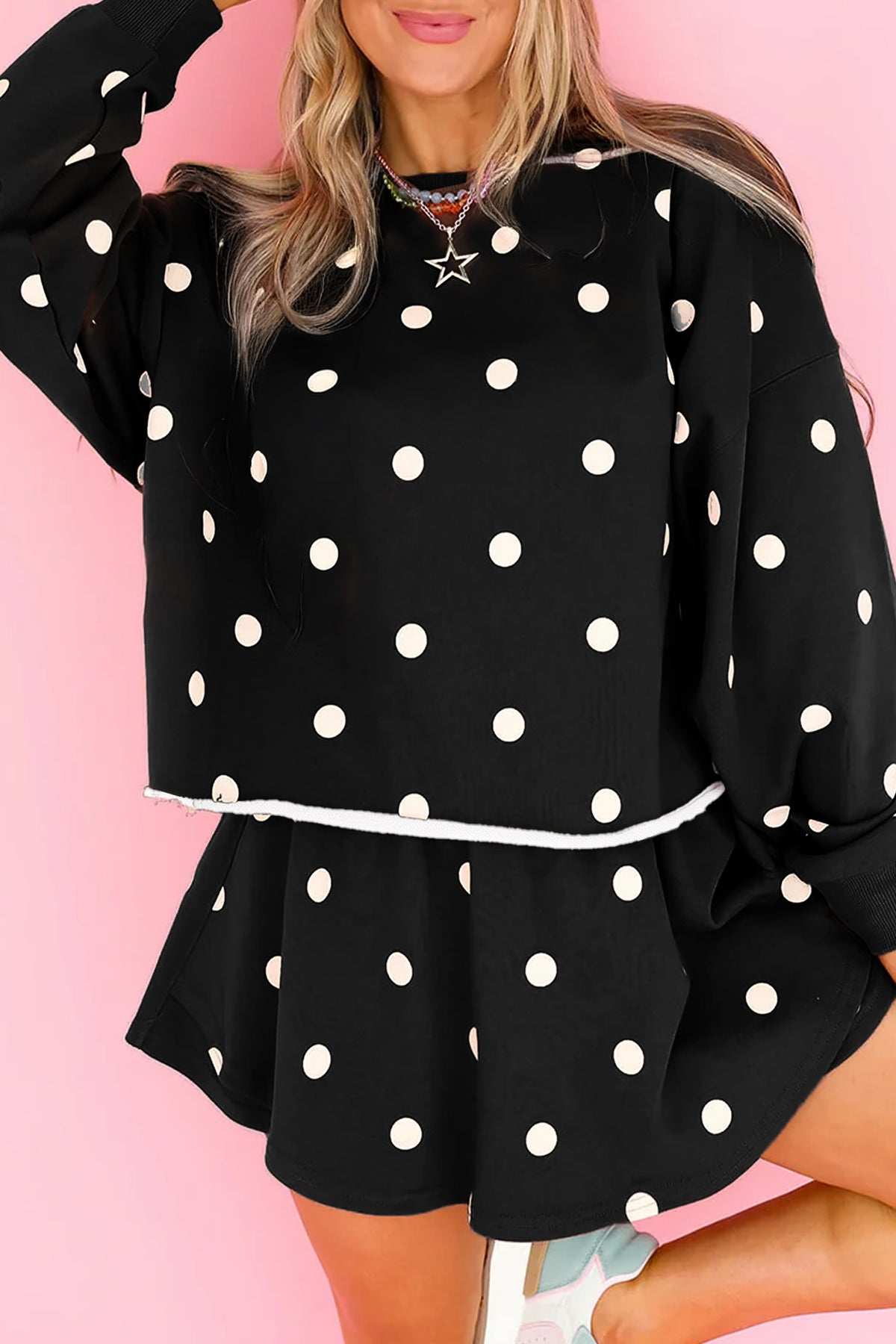 Red Polka Dot Raw Hem Relaxed Pullover Loose Skort Two Piece Set