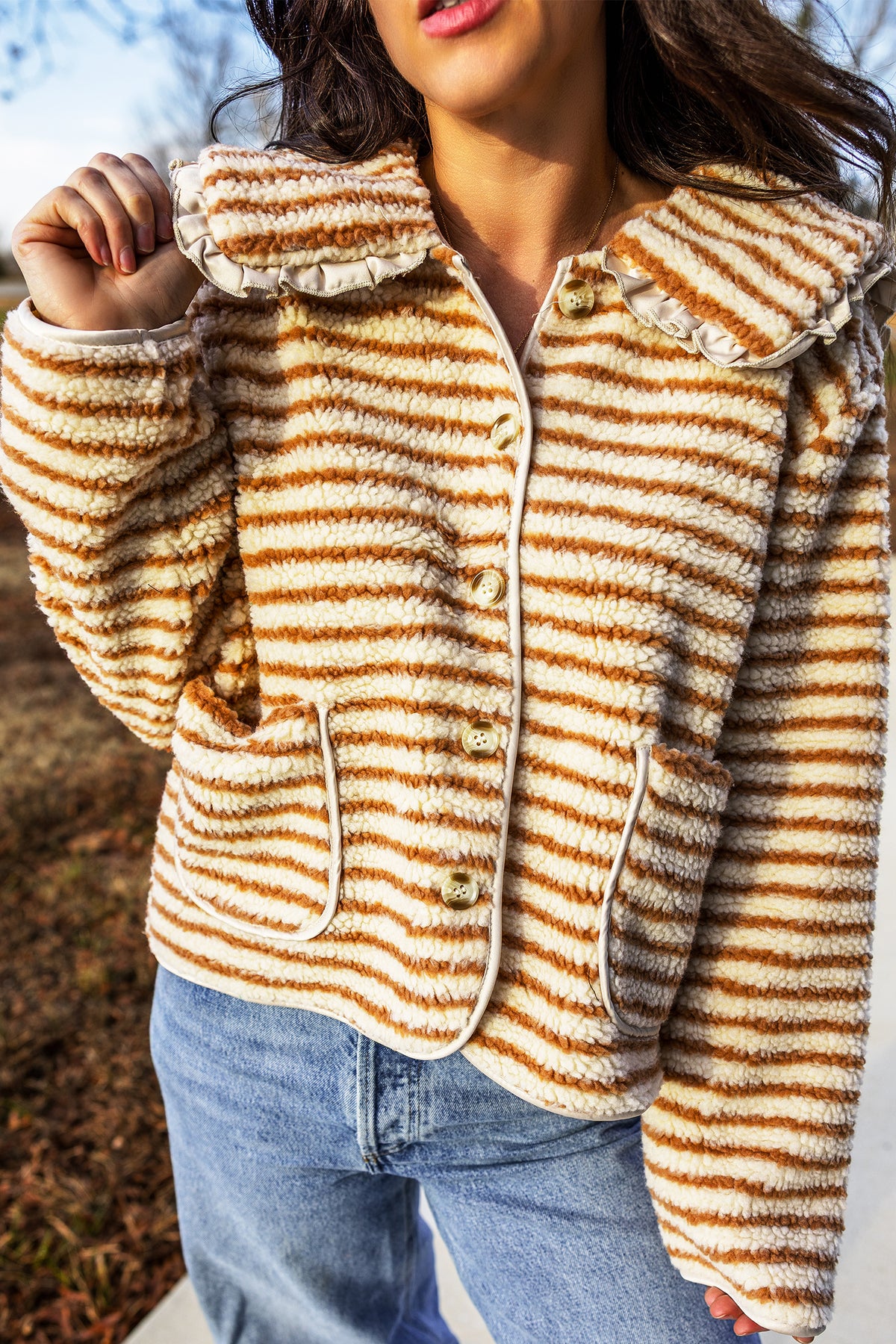 Brown Striped Fleece Jacket with Ruffled Collar