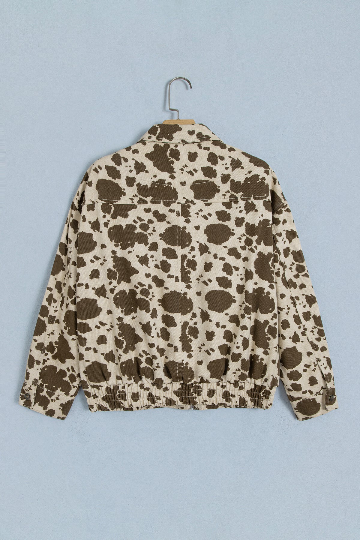 Brown Cow-Print Denim Jacket with Cargo Pockets