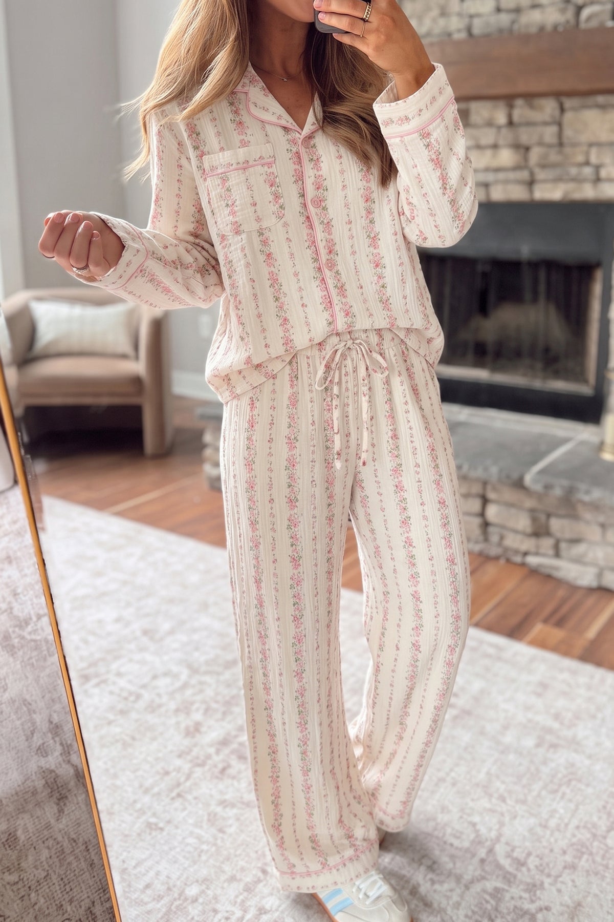 Pink Floral Print Long Sleeve Button Front Pajama Pant Set