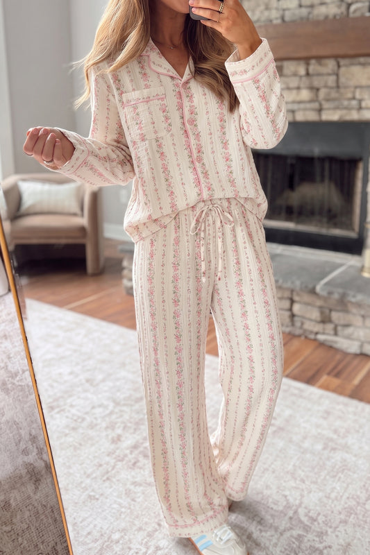 Pink Floral Print Long Sleeve Button Front Pajama Pant Set