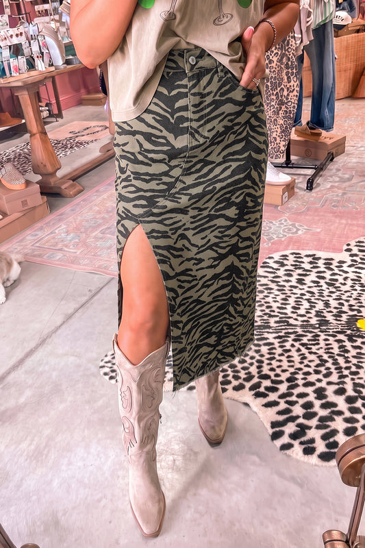 Brown Leopard Print Denim Midi Skirt with Frayed Hem