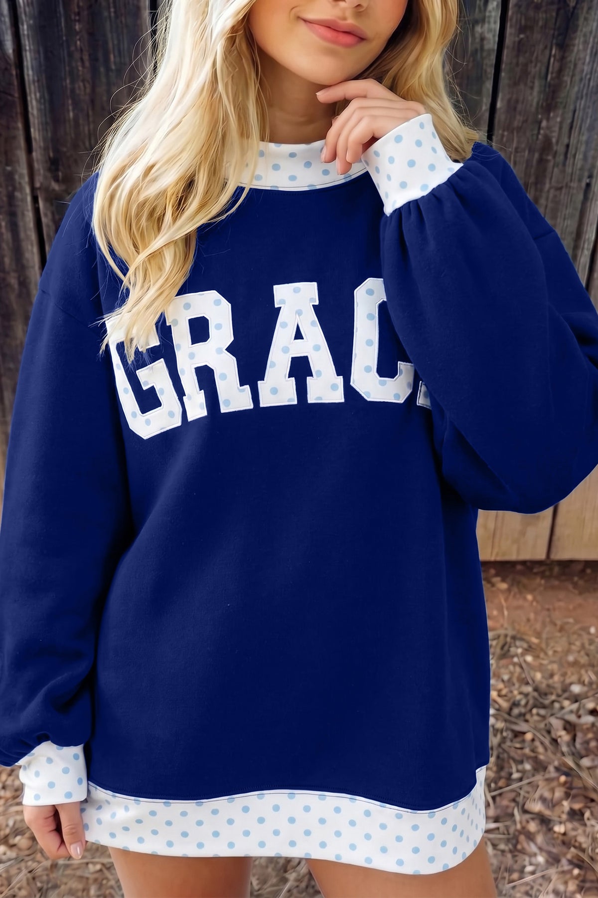 Coffee Polka Dot Trim High Neck BLESSED Letter Graphic Baggy Sweatshirt