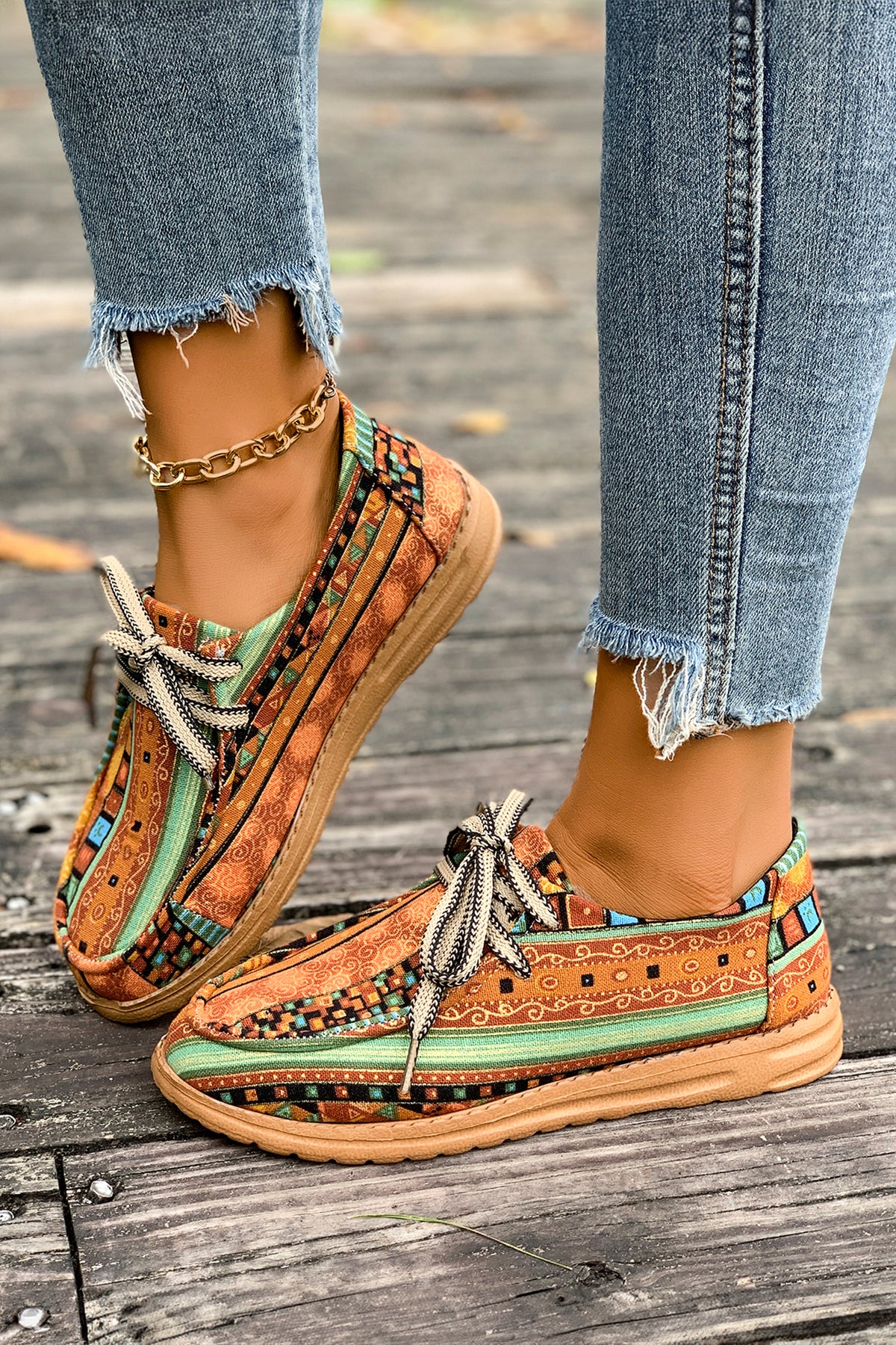 Mustard Artistic Print Lace-Up Loafers
