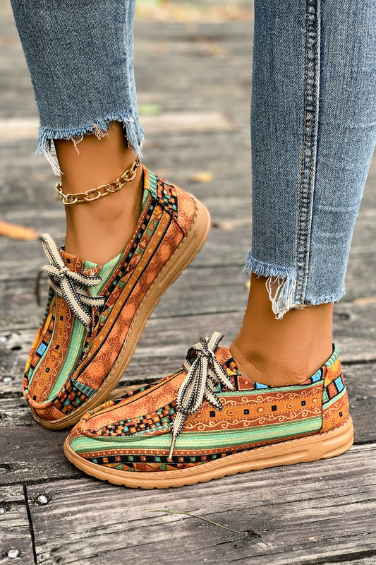 Mustard Artistic Print Lace-Up Loafers