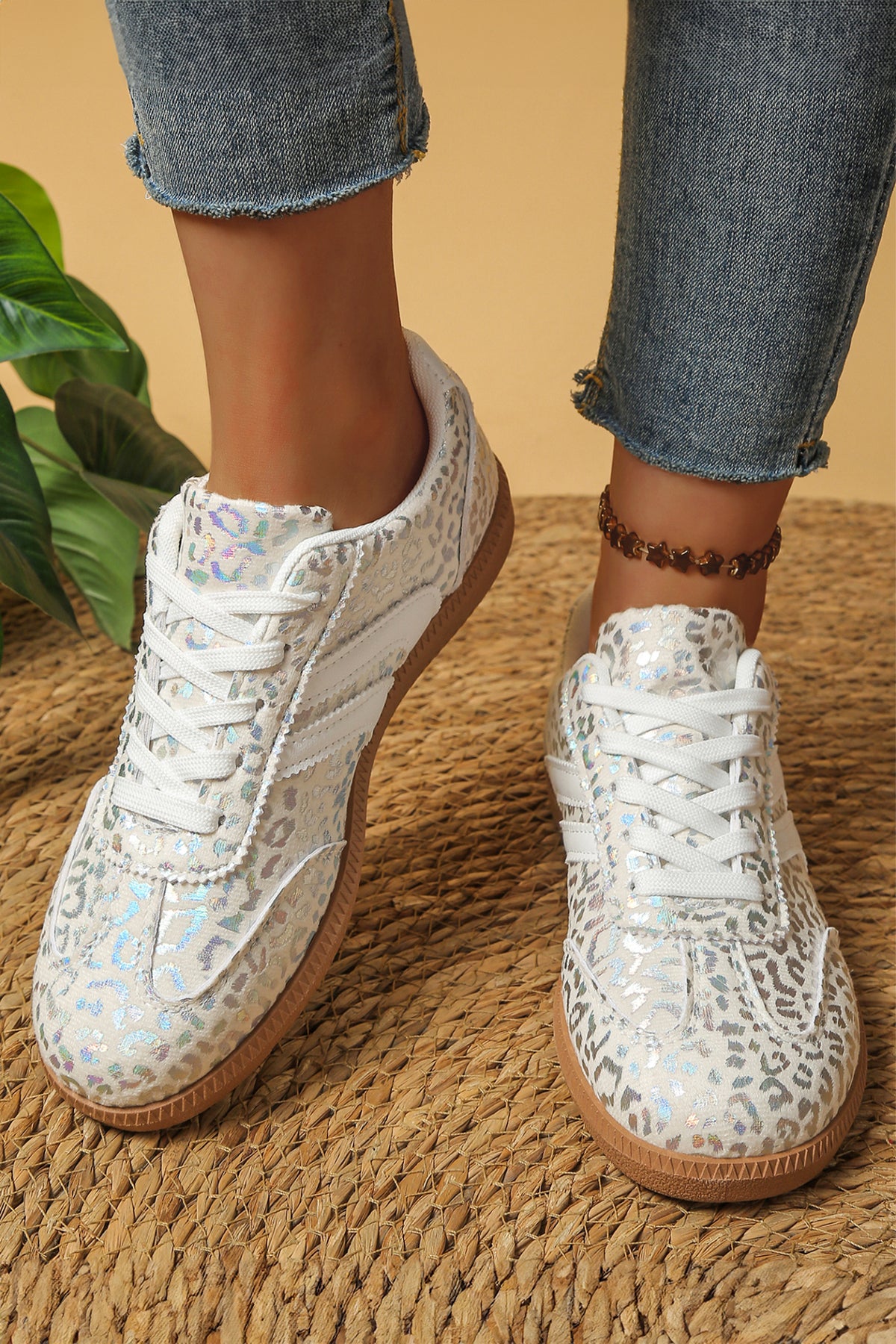 Shimmer Leopard Print Lace-Up Sneakers
