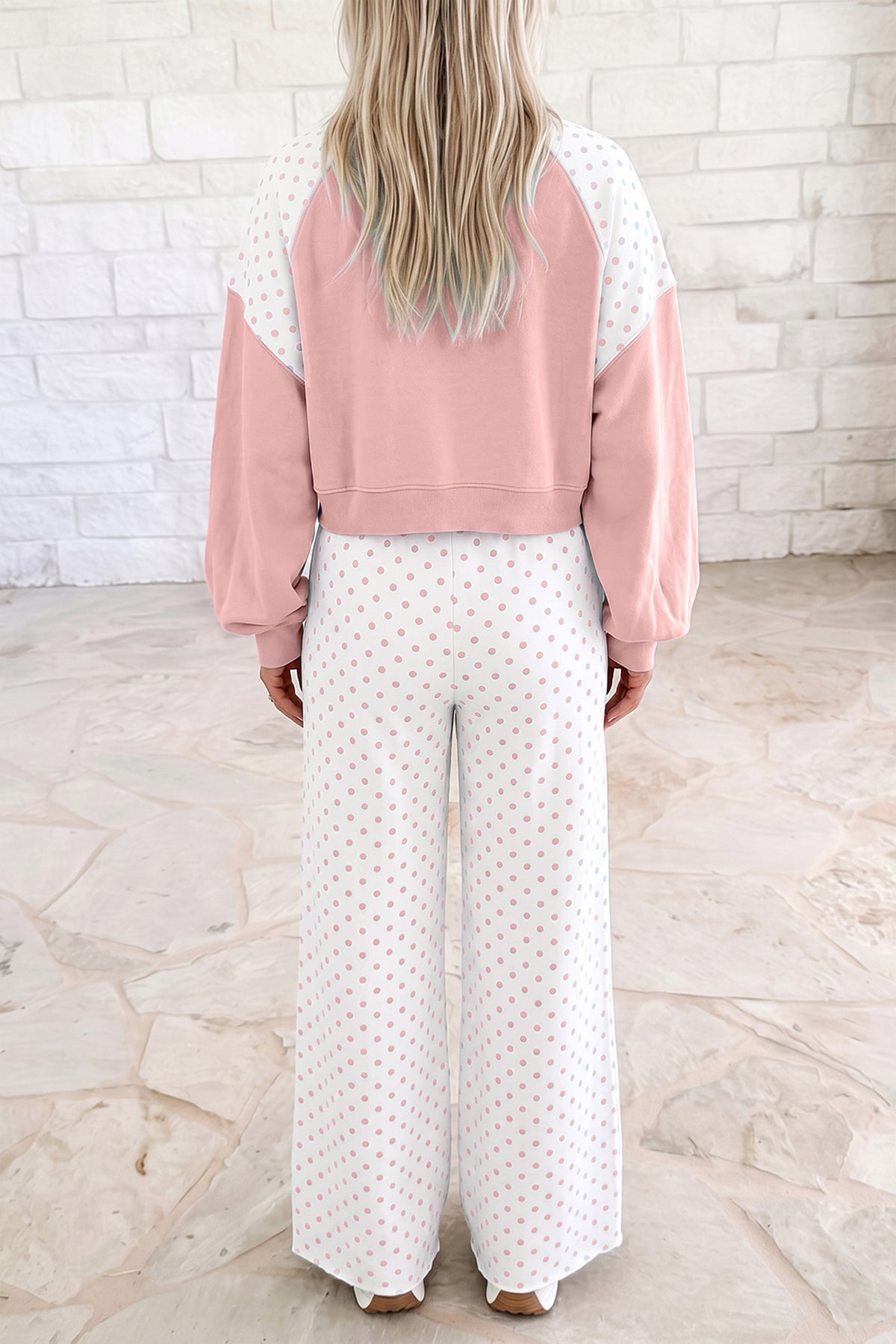 Green Polka Dot Patchwork Colorblock Long Sleeve Casual Two Piece Pants Set