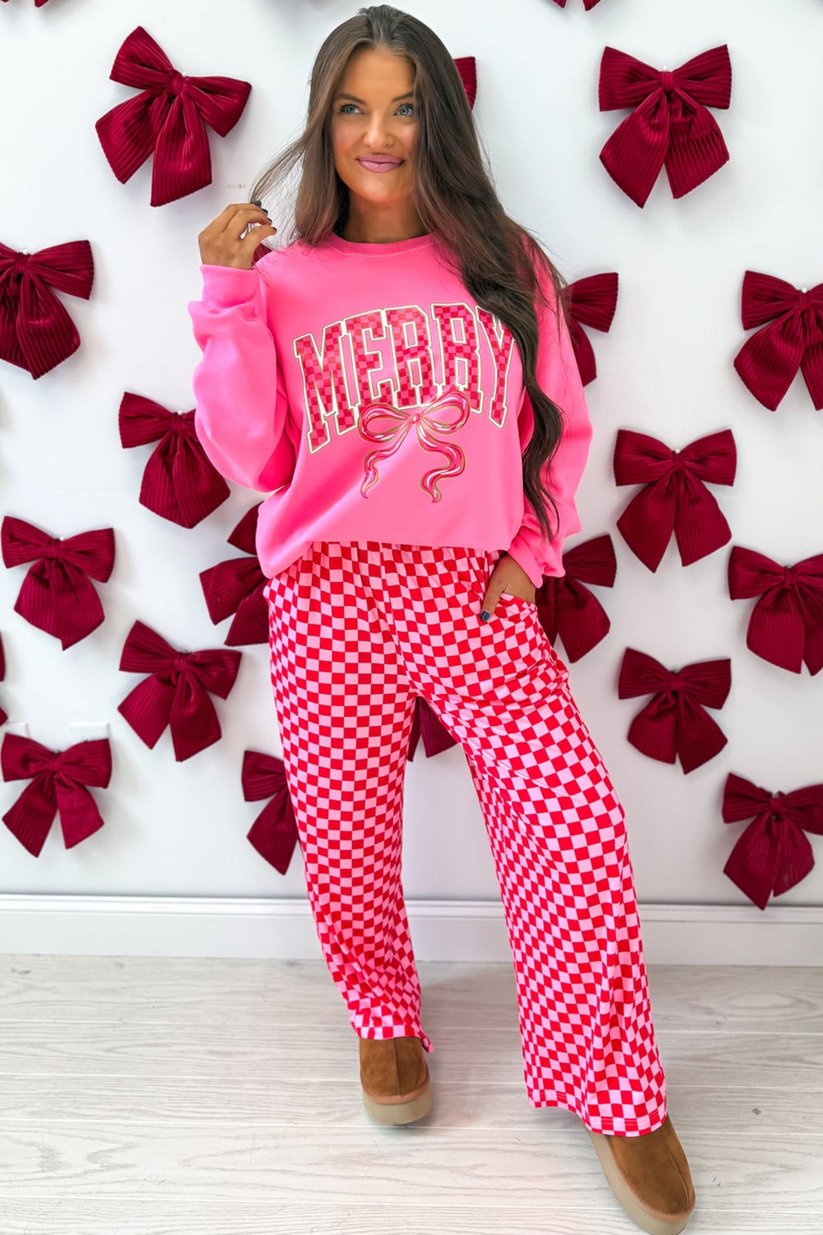 Pink Christmas Slogan Graphic Plaid Contrast Two-piece Pant Set