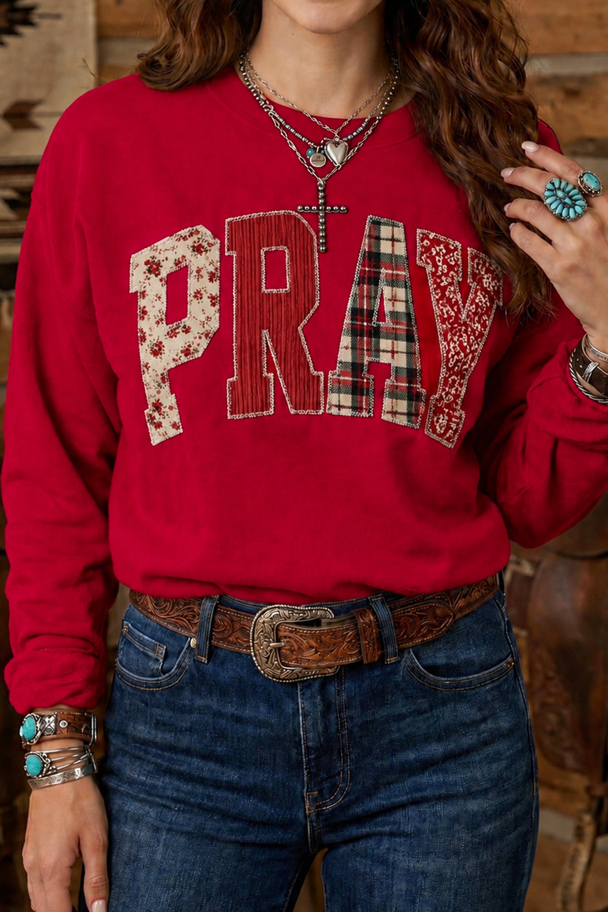 Parchment Floral Buffalo Plaid Striped Embroidered Patch Western Pullover Sweatshirt