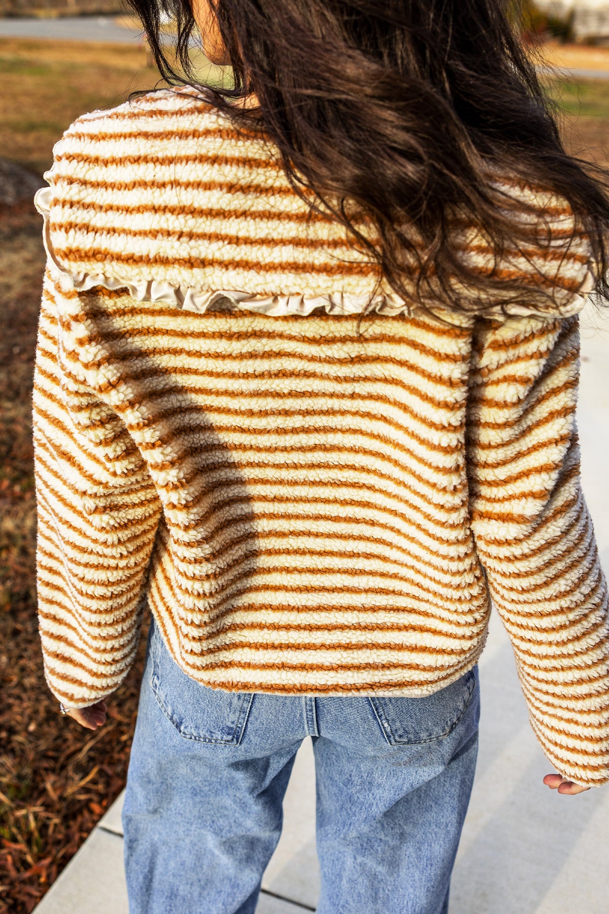 Brown Striped Fleece Jacket with Ruffled Collar