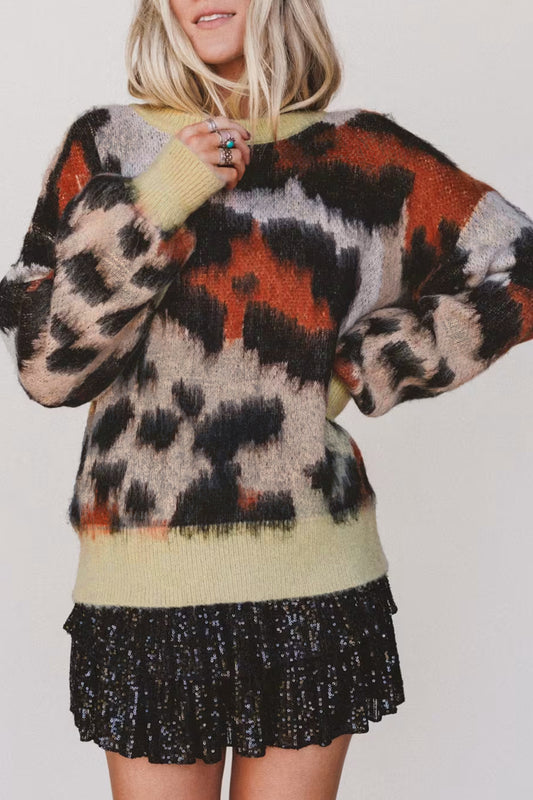 Khaki Leopard Print Long Sleeve Round Neck Sweater