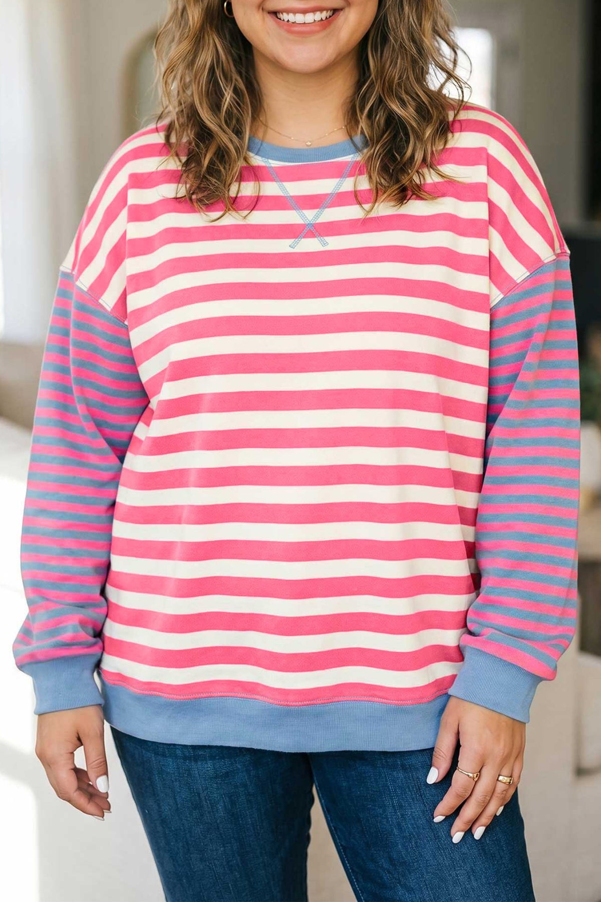 Pink Striped Plus-Size Sweatshirt