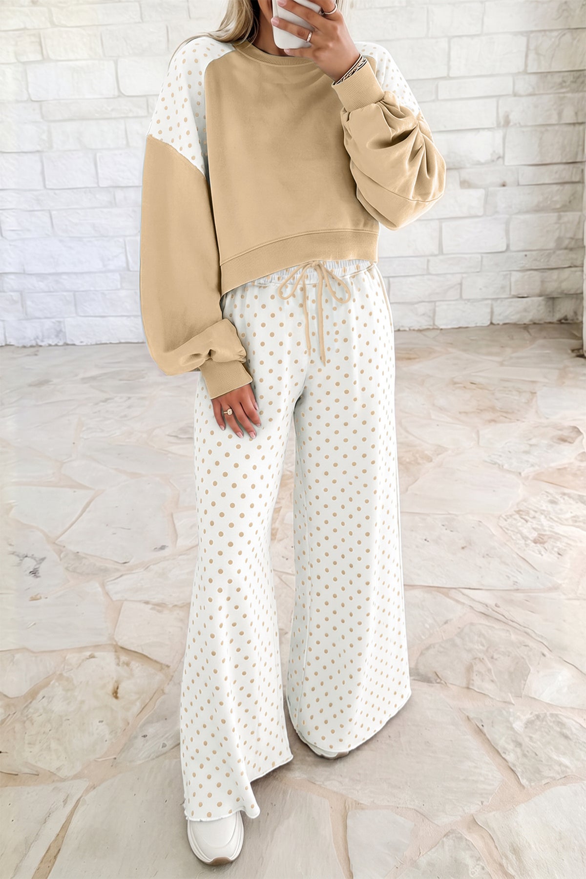 Green Polka Dot Patchwork Colorblock Long Sleeve Casual Two Piece Pants Set