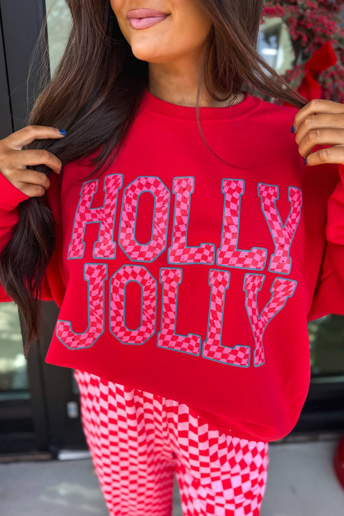 Pink Christmas Slogan Graphic Plaid Contrast Two-piece Pant Set