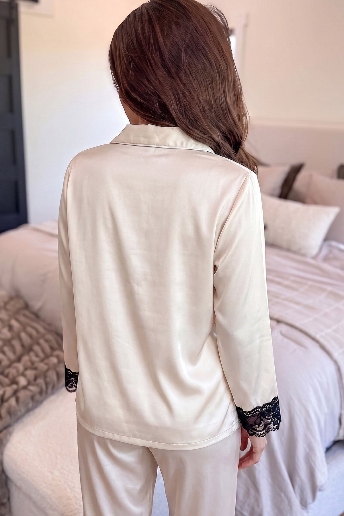 White Lace-Trim Button-Front Pajama Set