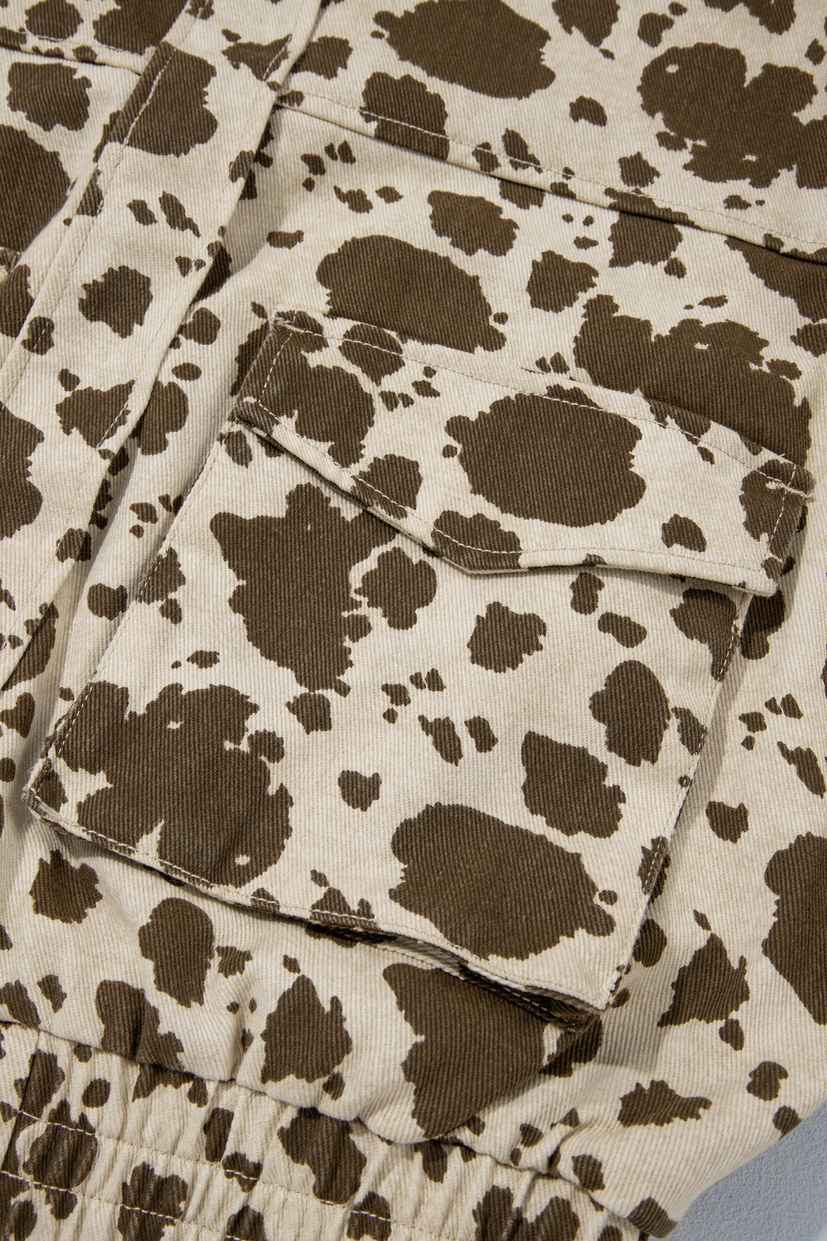 Brown Cow-Print Denim Jacket with Cargo Pockets
