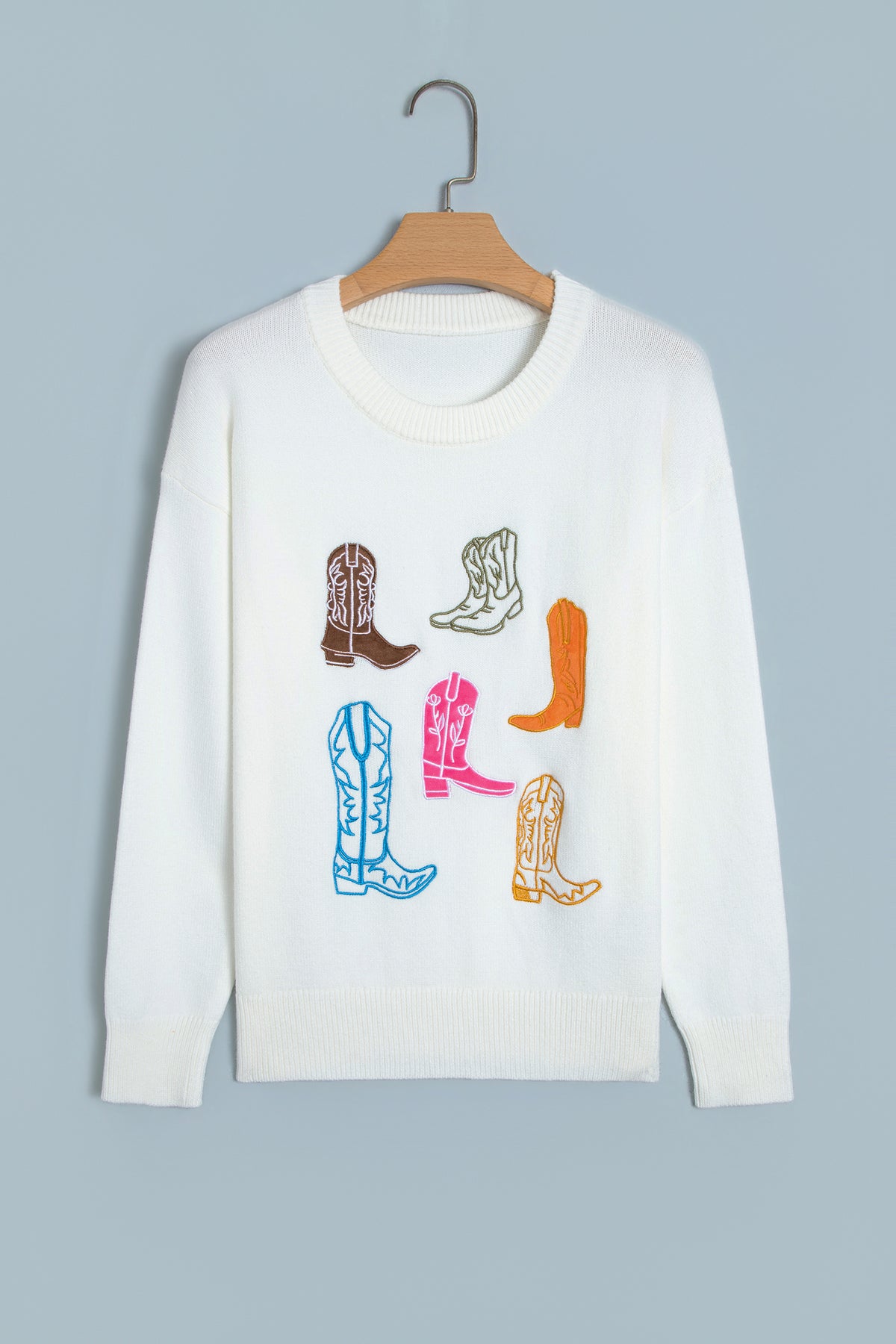 White Embroidered Cowboy Boots Sweater