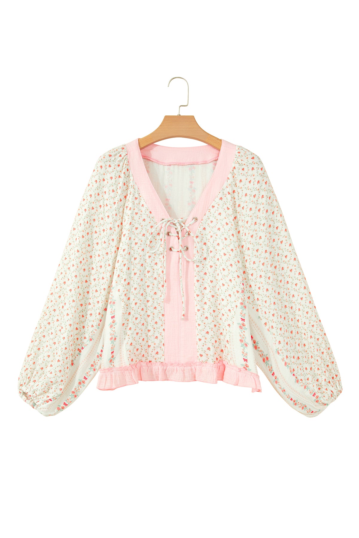 Beige Floral Print Color Block Trim Lace-up V Neck Long Sleeve Blouse