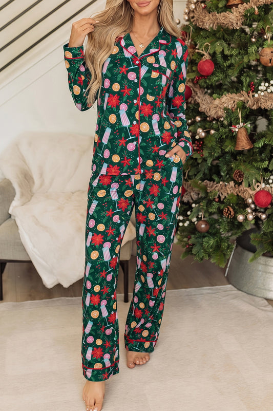 Green Champagne Print Pajama Set