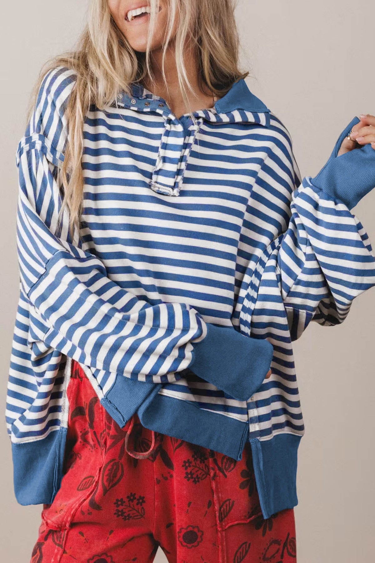 Brown Stripe Color Block Trim Raw Seam Split Hem Loose Pullover Sweatshirt