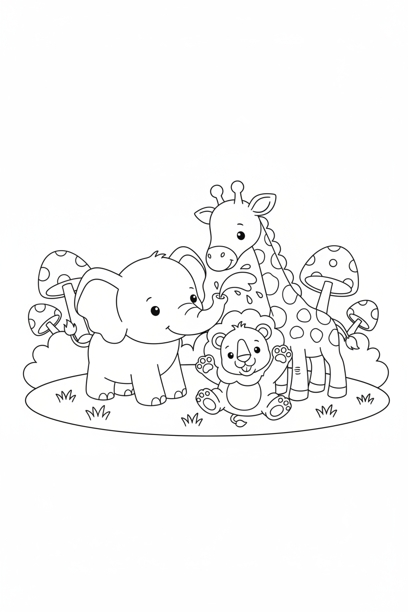 Black-and-white printable coloring page showing a baby elephant, giraffe, and lion playing in a meadow