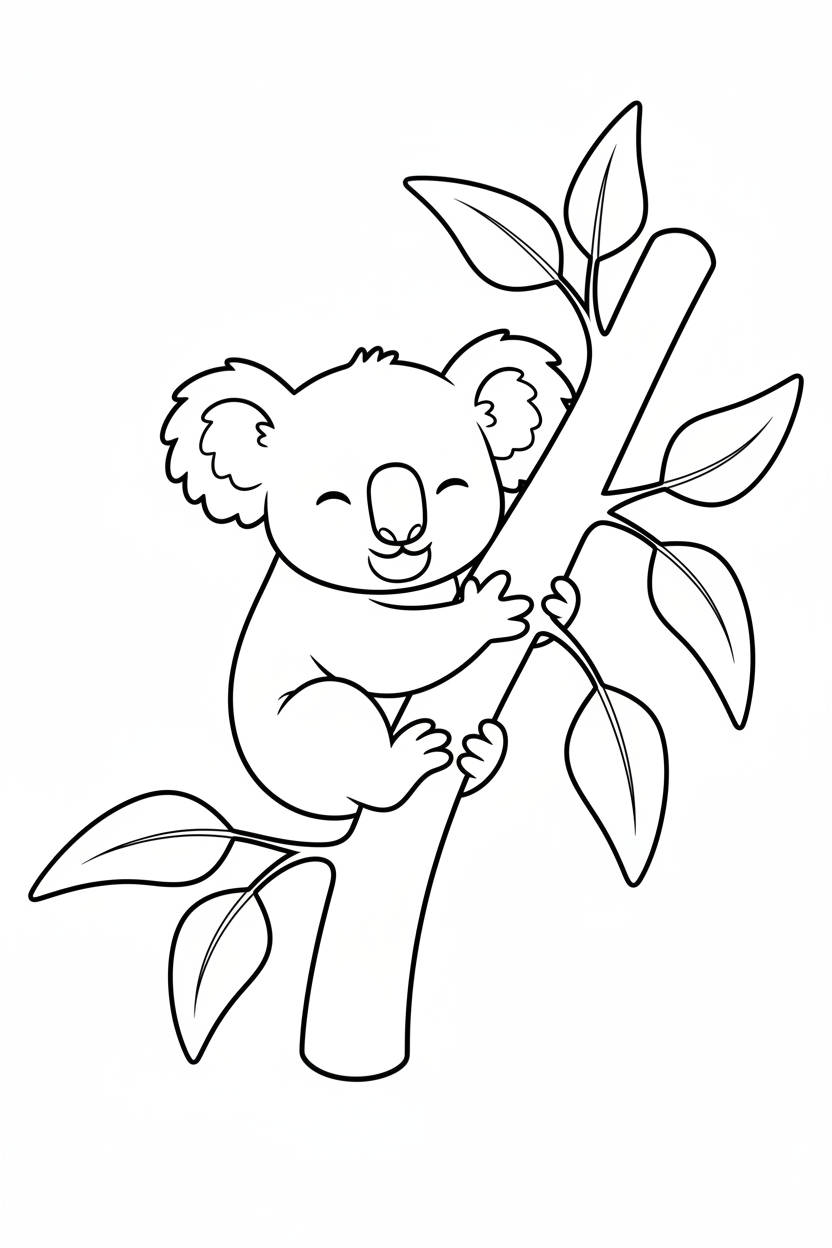 Black-and-white printable coloring page featuring a sweet baby koala hugging a eucalyptus branch