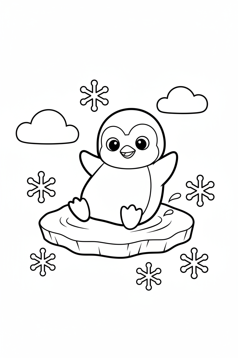 Black-and-white printable coloring page featuring a friendly baby penguin on an ice floe