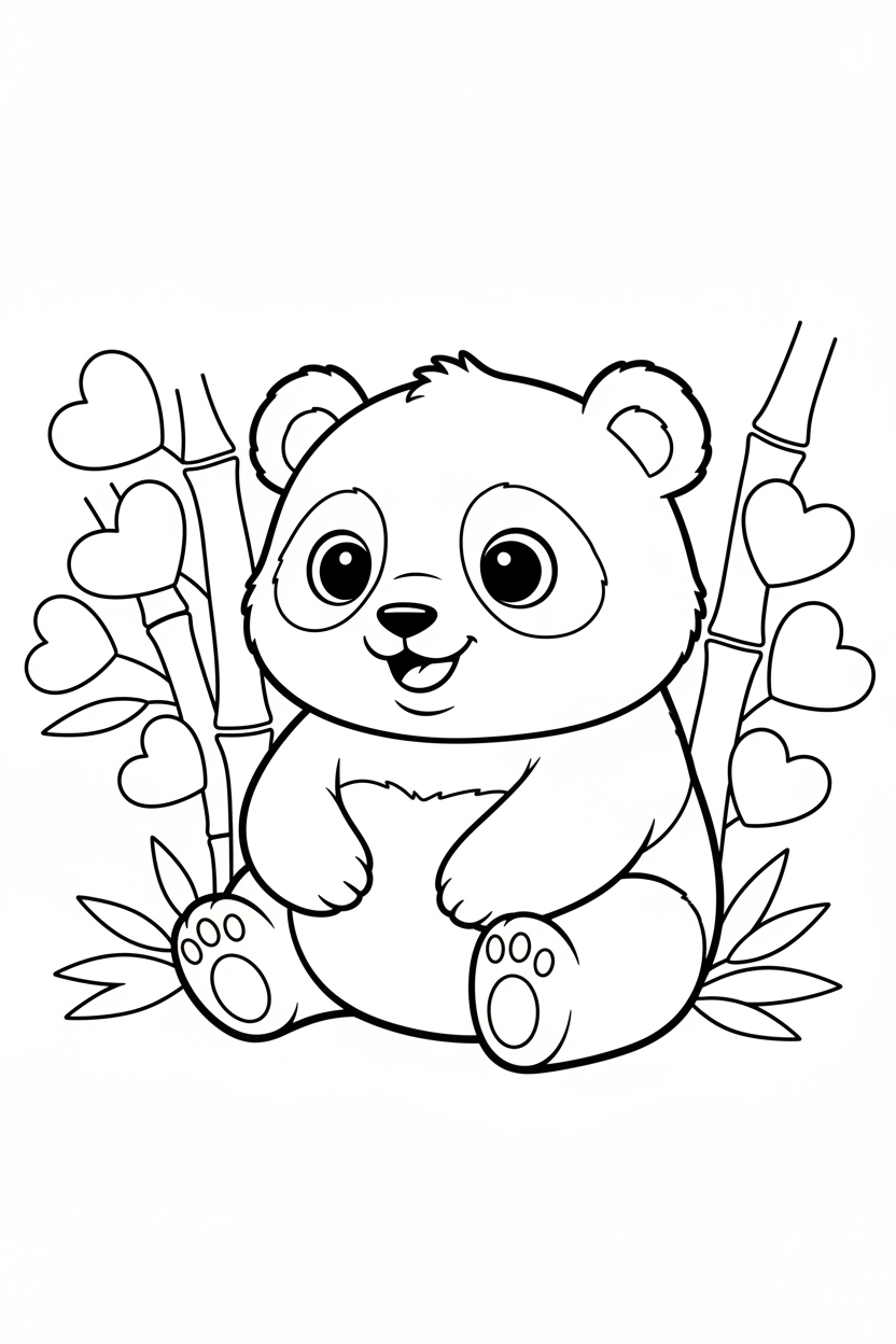 Black-and-white printable coloring page featuring a cute baby panda among bamboo leaves