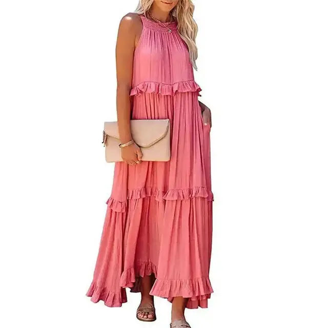 Fashion Summer Loose Long Dress Women Casual Elegant Ruffle Halter Sleeveless