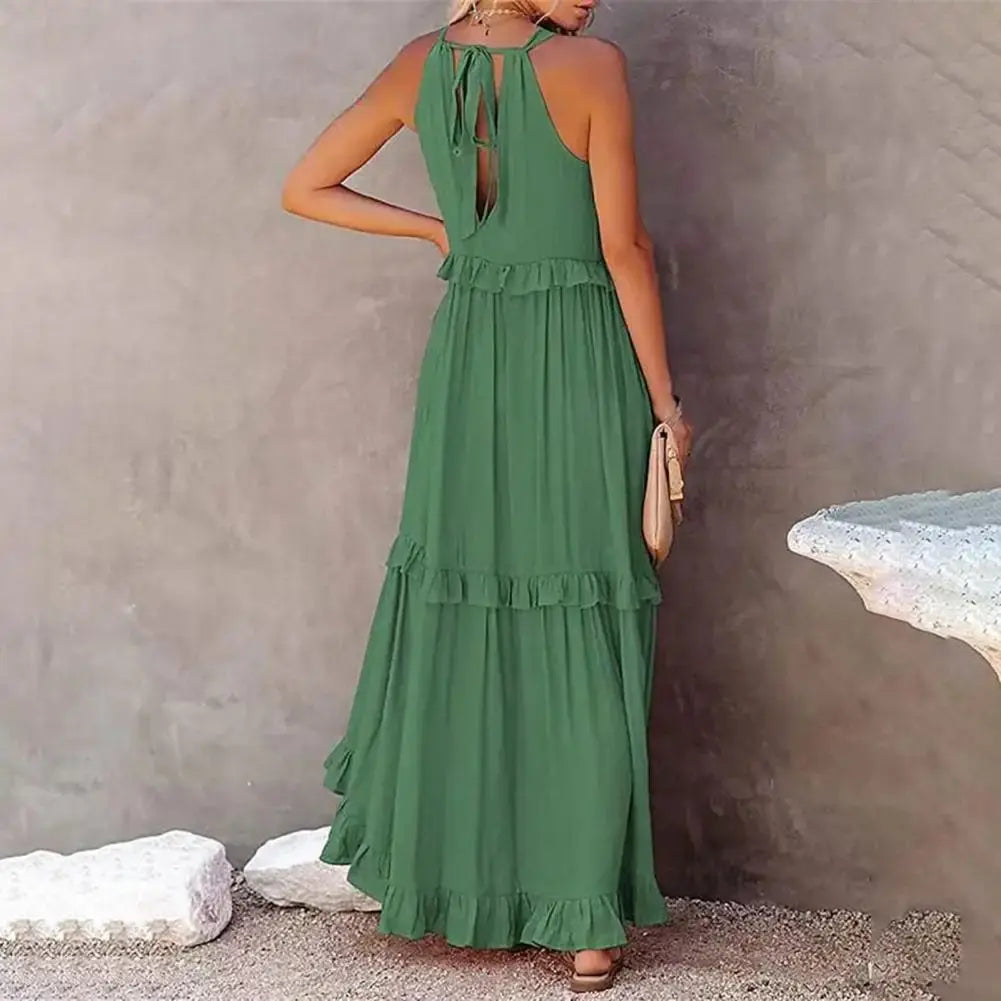 Fashion Summer Loose Long Dress Women Casual Elegant Ruffle Halter Sleeveless